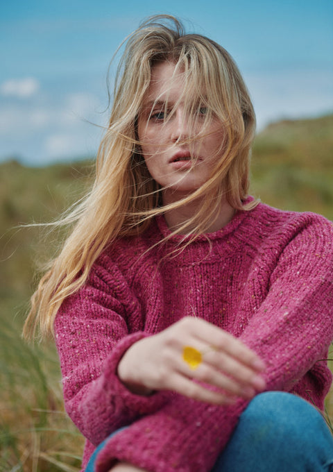 100% wool sweater, Ireland, Aran, jumper, Pullover, made in Ireland, knitwear, women's sweater, ladies' jumper, pink, roll neck
