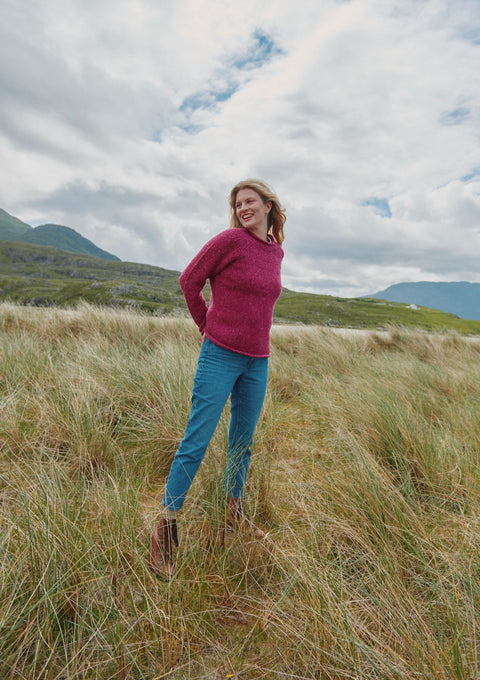 100% wool sweater, Ireland, Aran, jumper, Pullover, made in Ireland, knitwear, women's sweater, ladies' jumper, pink, roll neck
