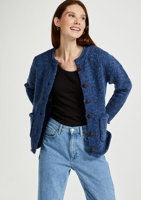 100% wool cardigan, woollen jumper, cardigan, buttoned cardigan, aran wool, knitwear, Ireland, women's cardigan, blue sweater