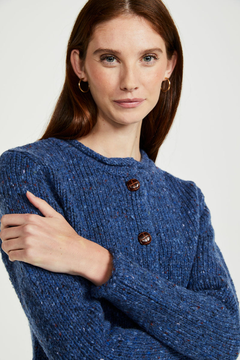 100% wool cardigan, woollen jumper, cardigan, buttoned cardigan, aran wool, knitwear, Ireland, women's cardigan, blue sweater