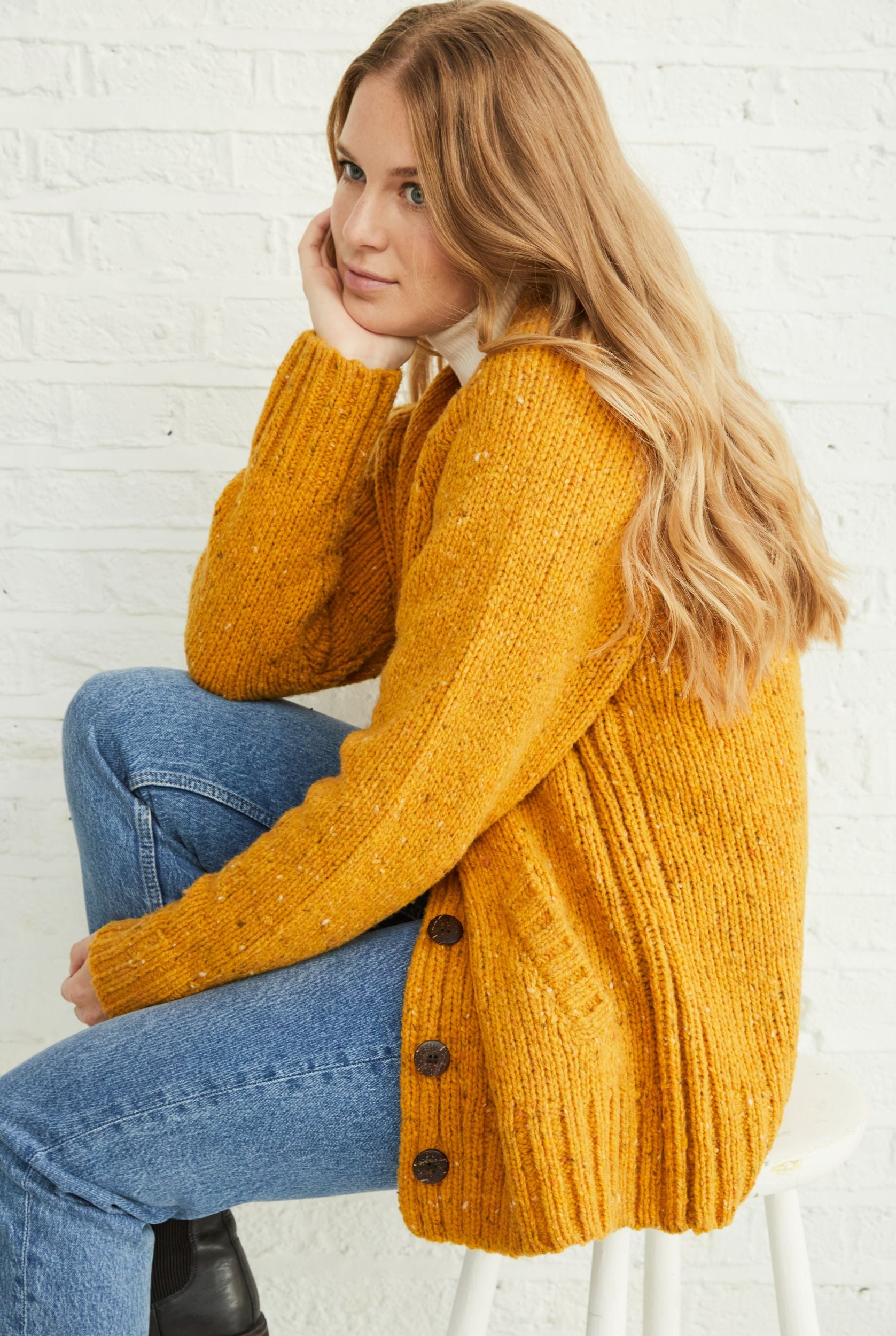 Damen Strickjacke Lange Strickjacke Gelb Strickjacke Senfgelb Lang