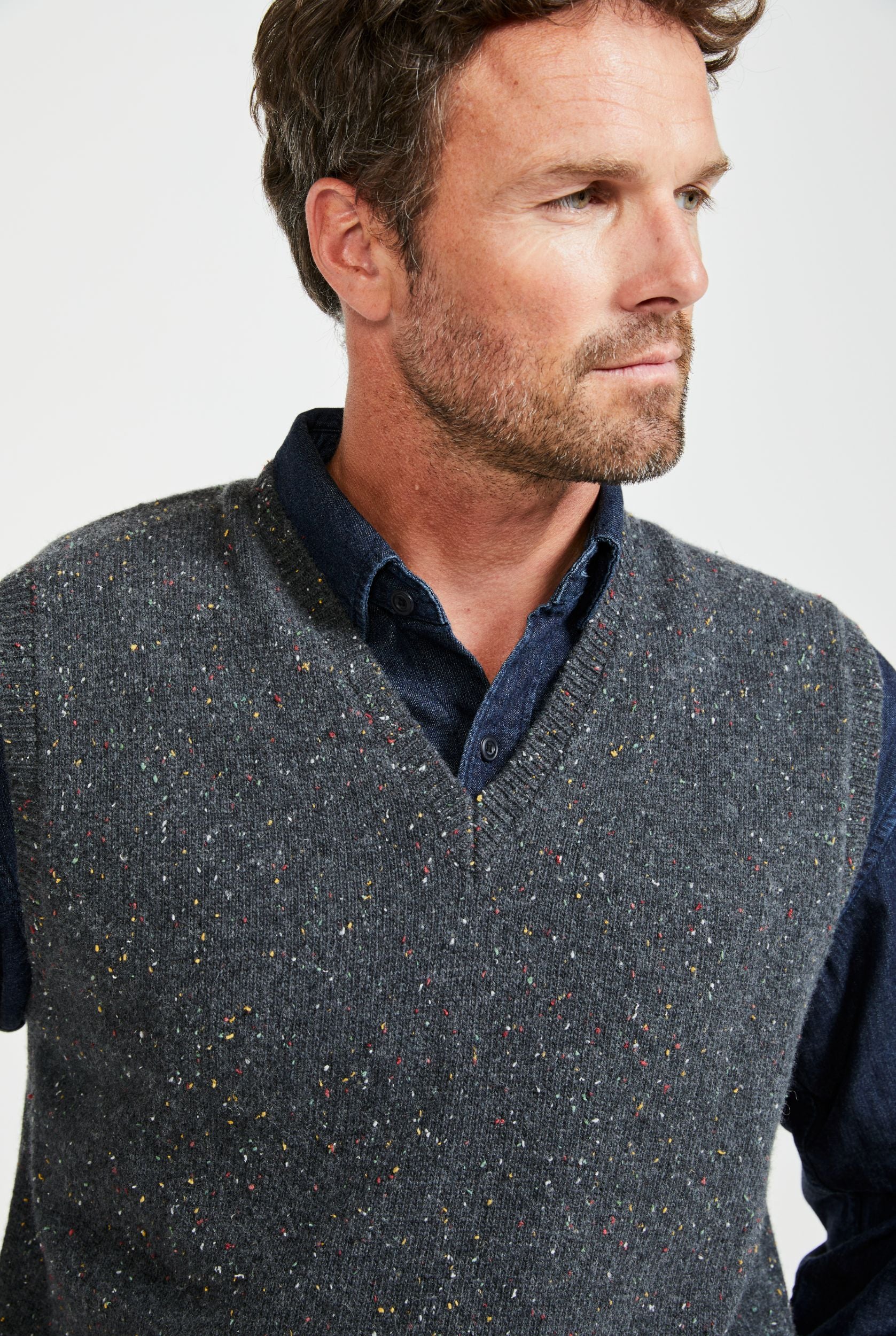 Roonagh Men's Aran Nepped V-Neck Vest Grey - Main Image