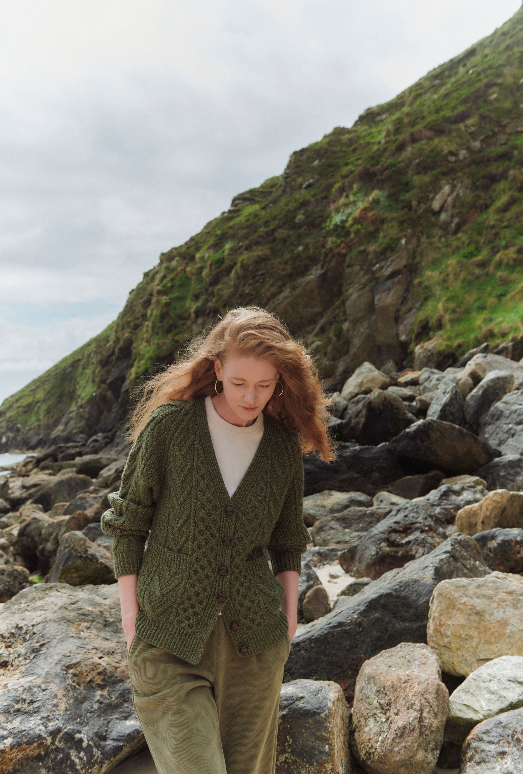 Glenisland Ladies Handknit V-Neck Cardigan Green - Main Image