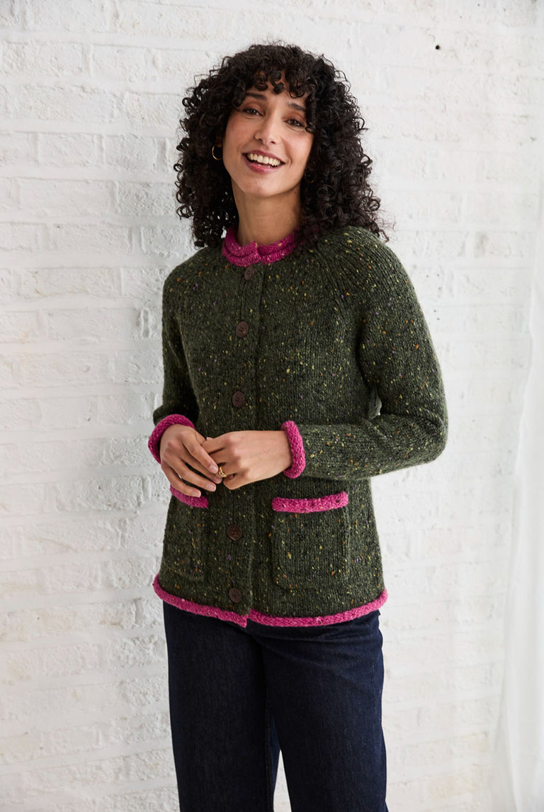 Glenariff Ladies Raglan Donegal Tweed Cardigan - Green/Pink
