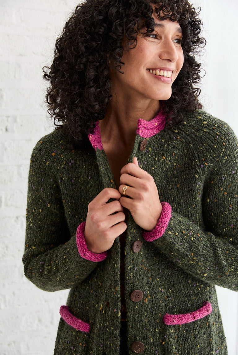 Glenariff Ladies Raglan Donegal Tweed Cardigan - Green/Pink