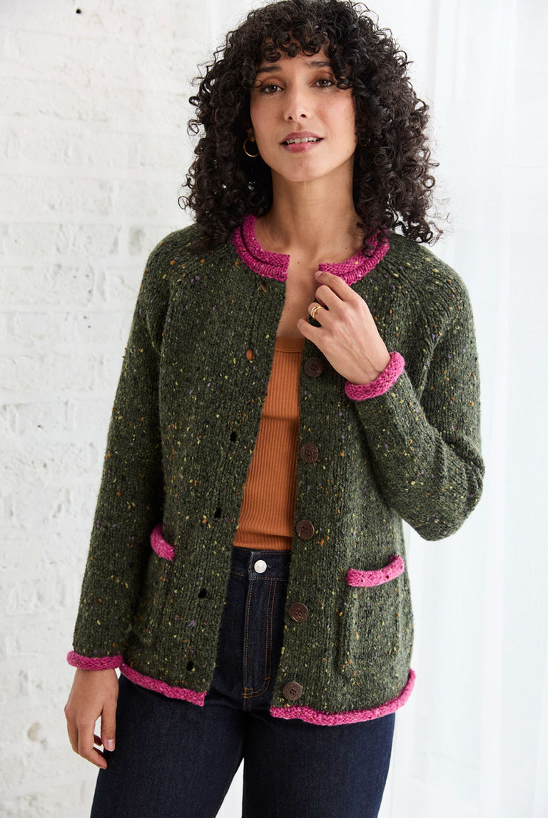 Glenariff Ladies Raglan Donegal Tweed Cardigan - Green/Pink