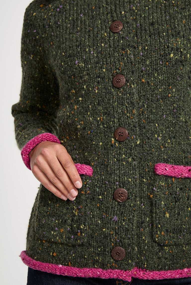 Glenariff Ladies Raglan Donegal Tweed Cardigan - Green/Pink