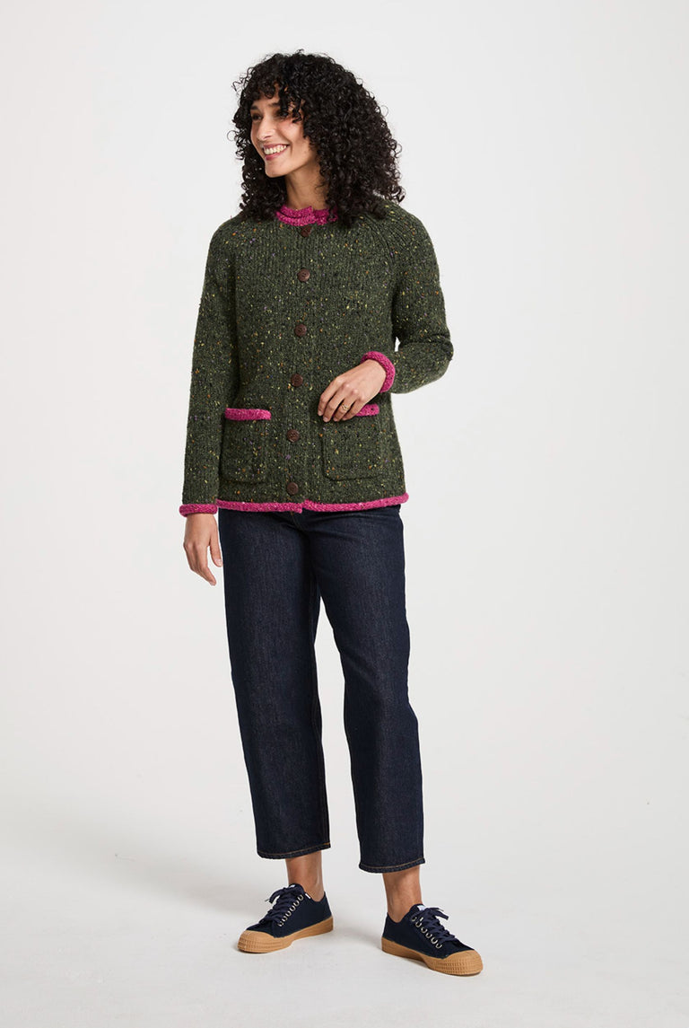 Glenariff Ladies Raglan Donegal Tweed Cardigan - Green/Pink