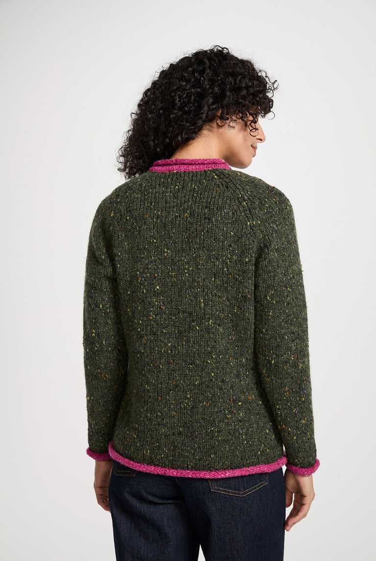 Glenariff Ladies Raglan Donegal Tweed Cardigan - Green/Pink