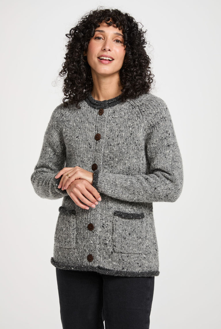 Glenariff Ladies Raglan Donegal Tweed Cardigan - Grey/Light Grey