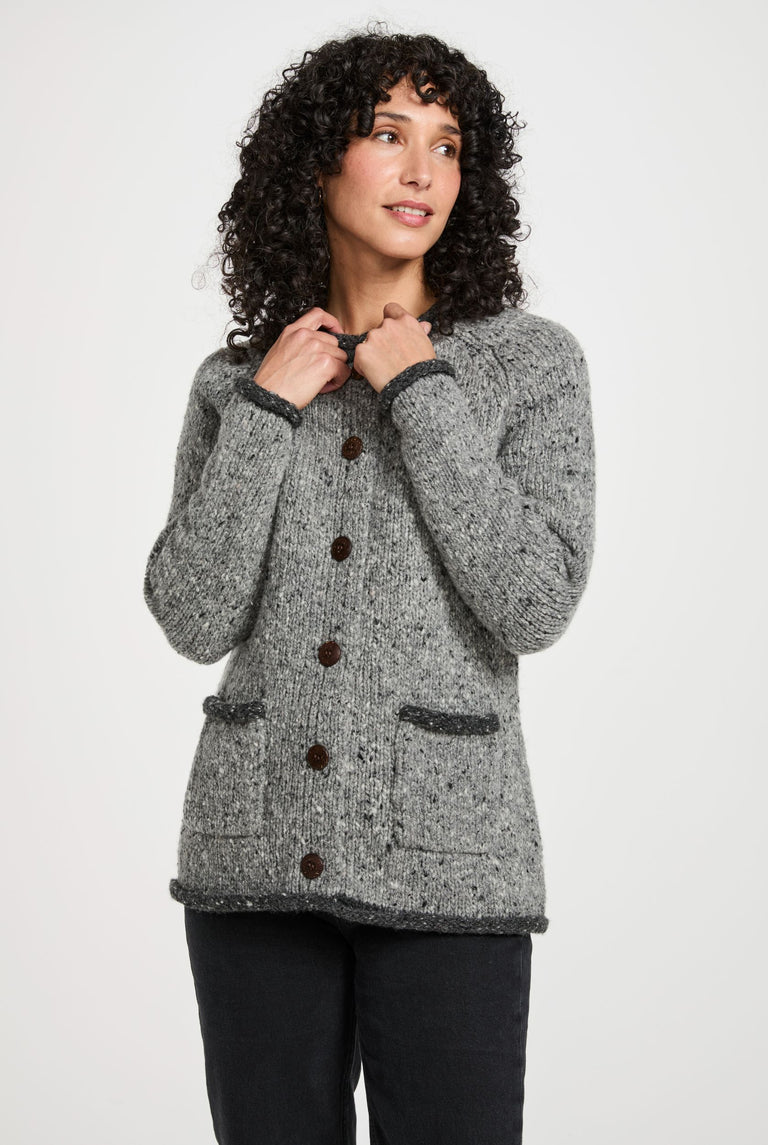 Glenariff Ladies Raglan Donegal Tweed Cardigan - Grey/Light Grey