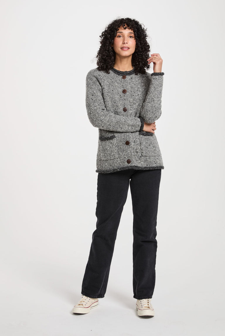 Glenariff Ladies Raglan Donegal Tweed Cardigan - Grey/Light Grey