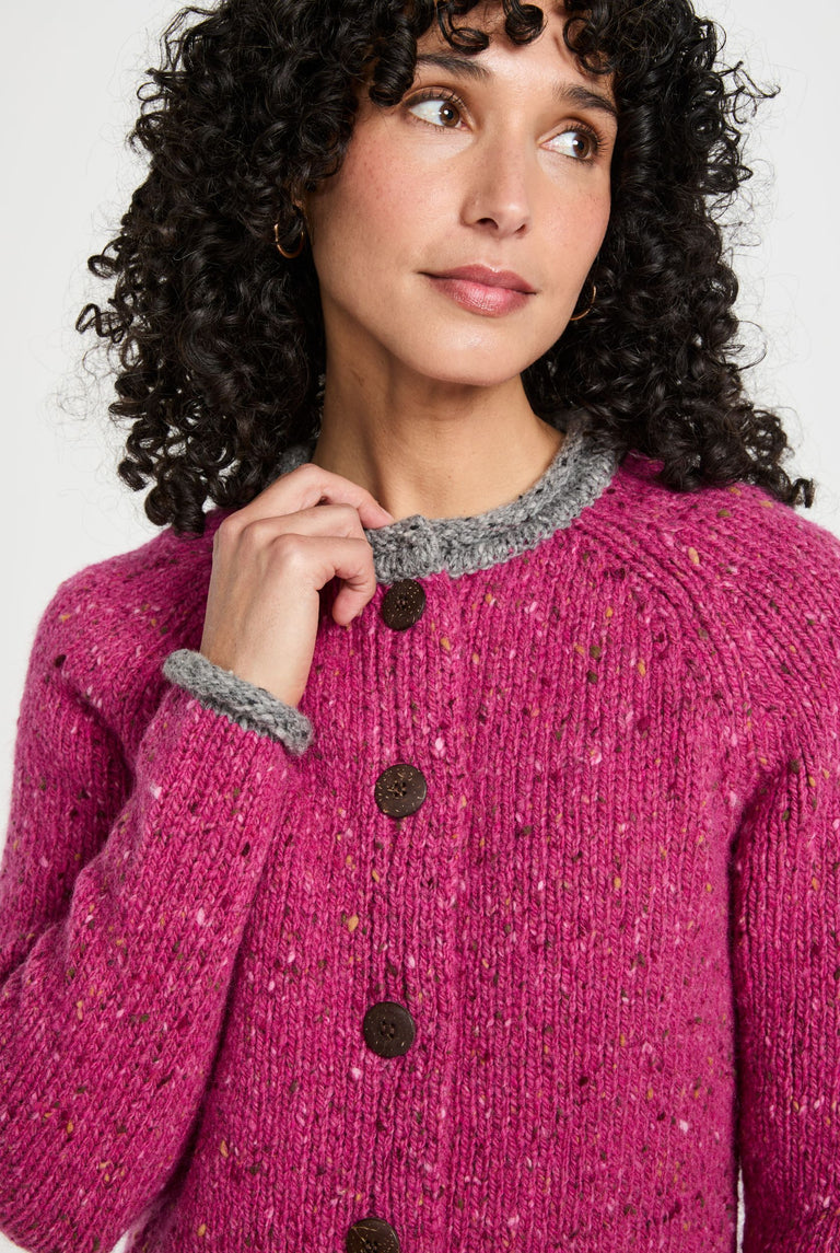 Glenariff Ladies Raglan Donegal Tweed Cardigan - Pink/Grey