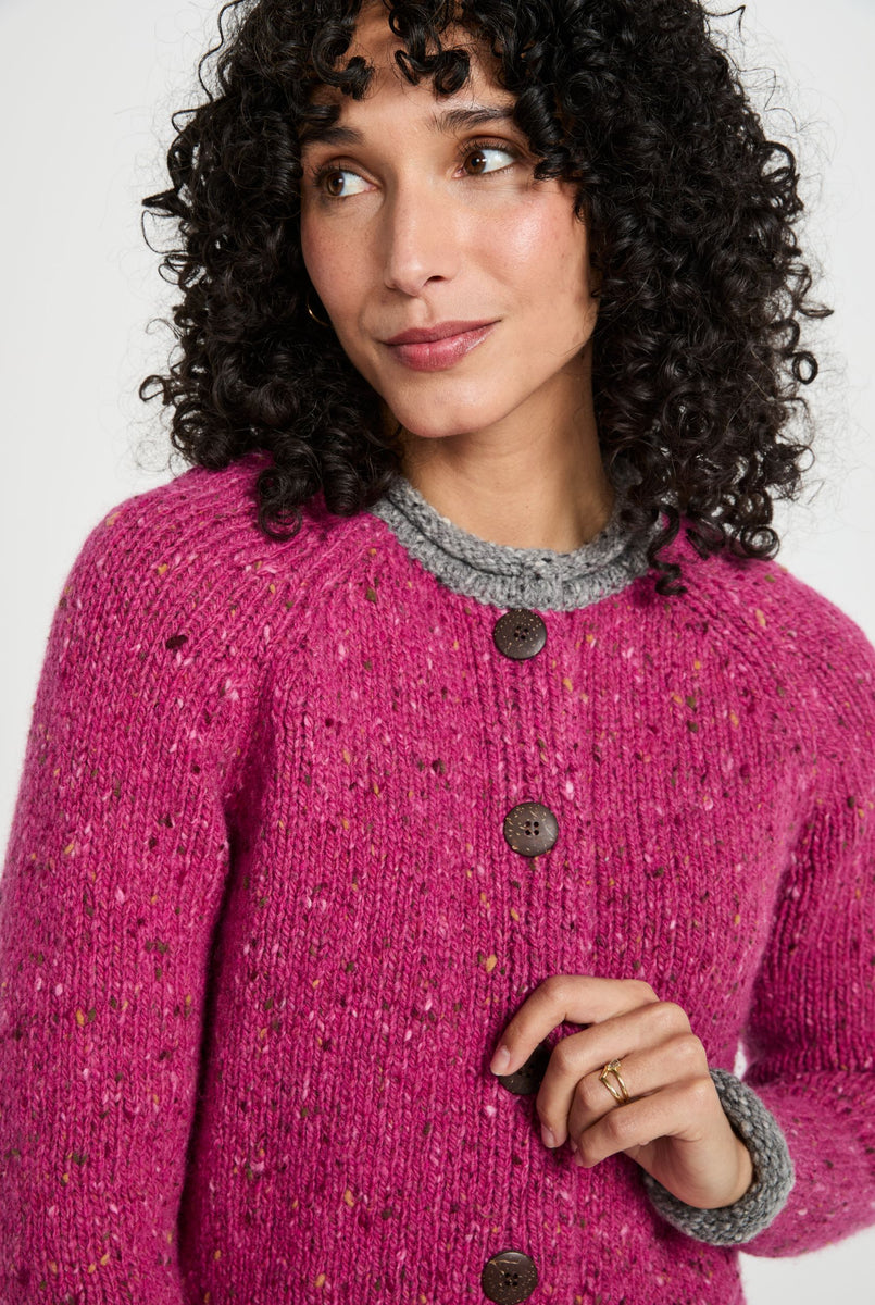 Glenariff Ladies Raglan Donegal Tweed Cardigan - Pink/Grey