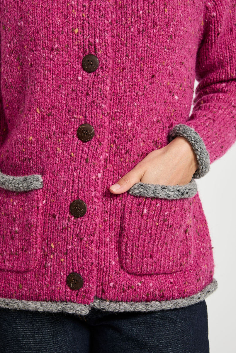 Glenariff Ladies Raglan Donegal Tweed Cardigan - Pink/Grey