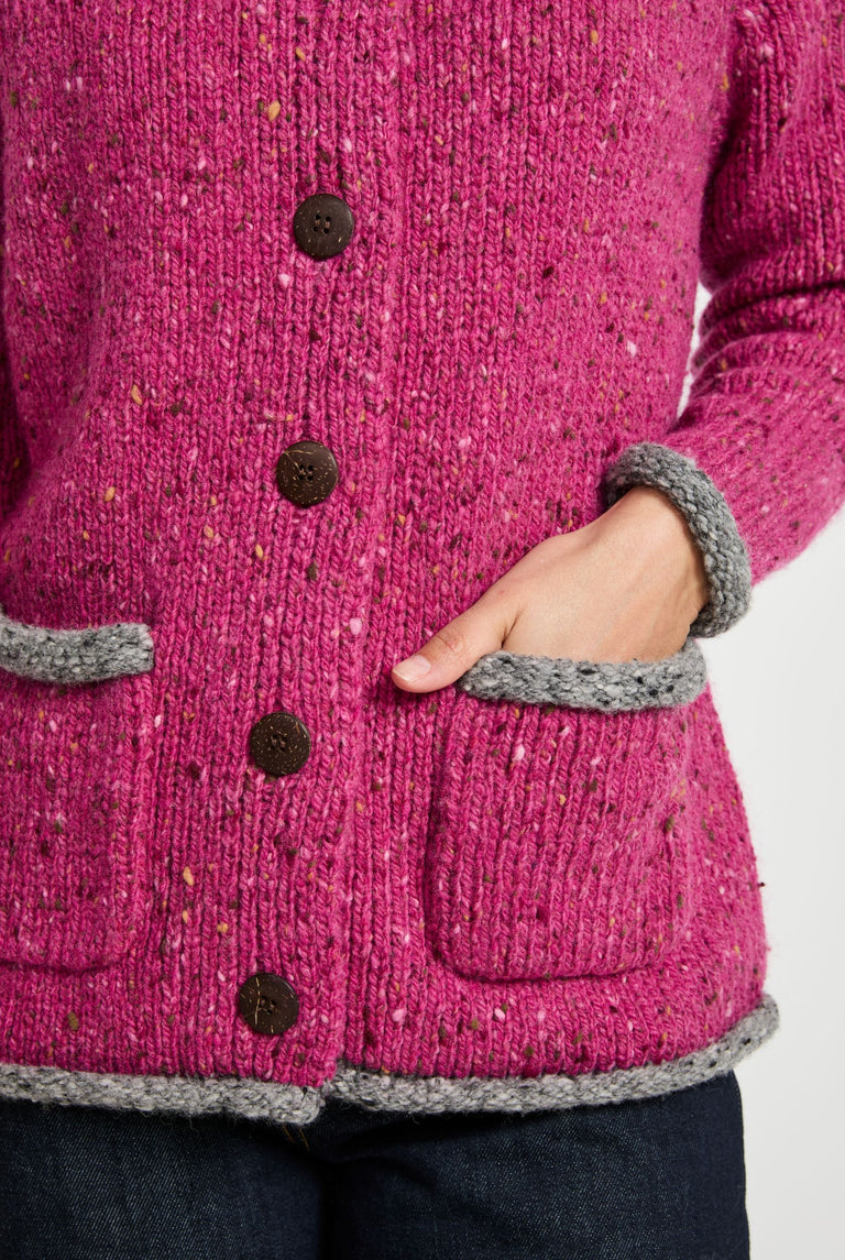 Glenariff Ladies Raglan Donegal Tweed Cardigan - Pink/Grey