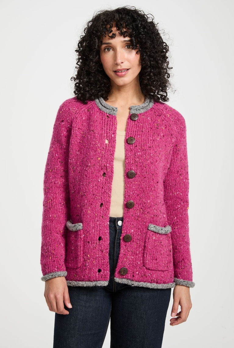 Glenariff Ladies Raglan Donegal Tweed Cardigan - Pink/Grey