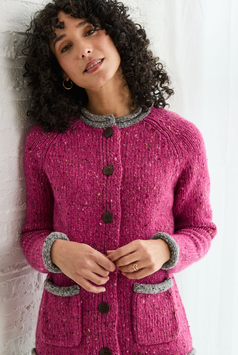 Glenariff Ladies Raglan Donegal Tweed Cardigan - Pink/Grey