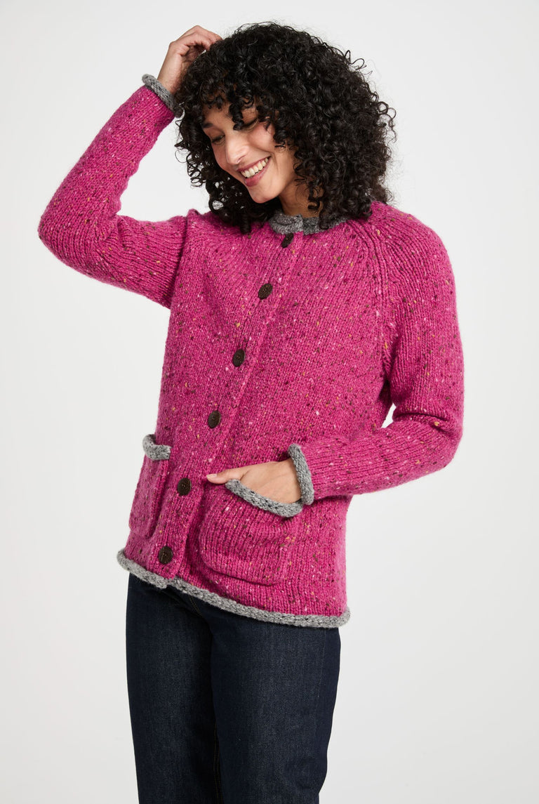 Glenariff Ladies Raglan Donegal Tweed Cardigan - Pink/Grey