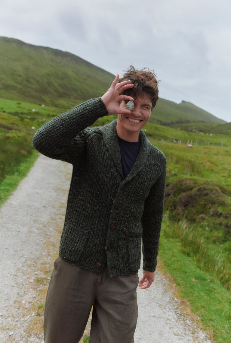 Curragh Mens Rib Shawl Cardigan - Green