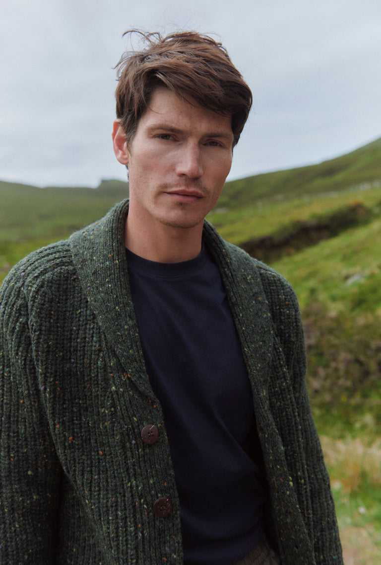 Curragh Mens Rib Shawl Cardigan - Green