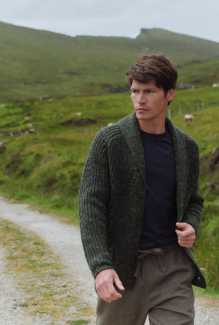 Curragh Mens Rib Shawl Cardigan - Green