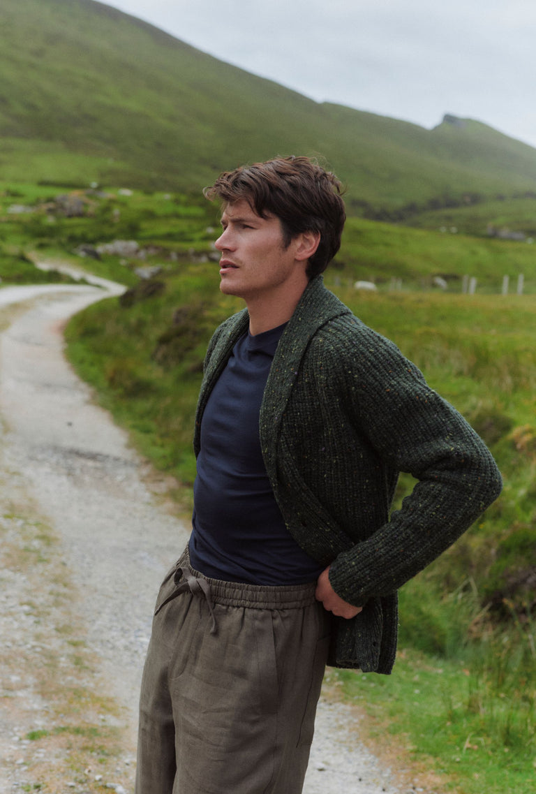 Curragh Mens Rib Shawl Cardigan - Green