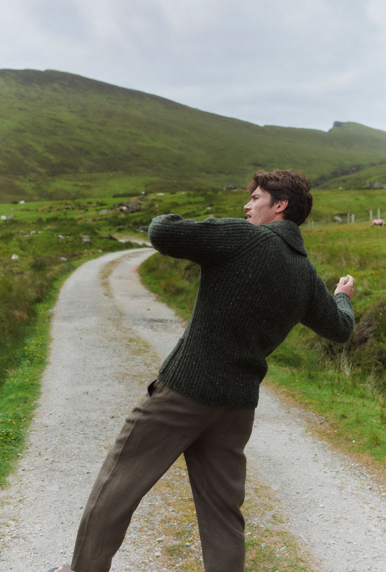 Curragh Mens Rib Shawl Cardigan - Green