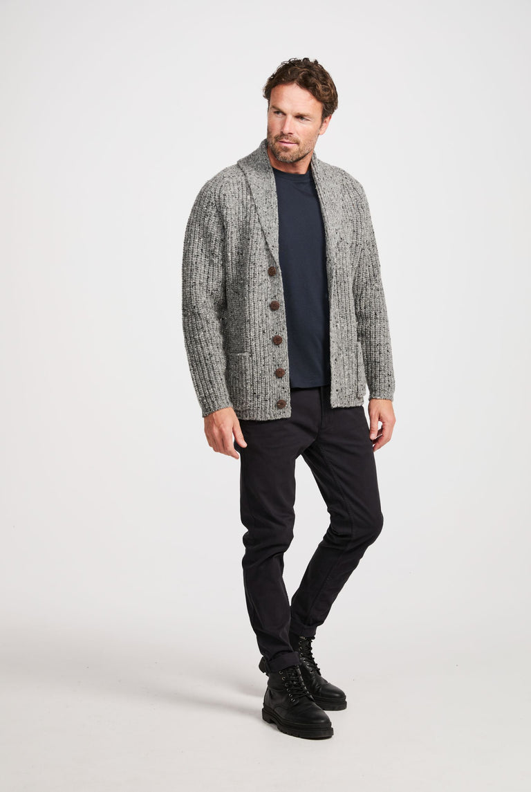 Curragh Mens Rib Shawl Cardigan - Grey