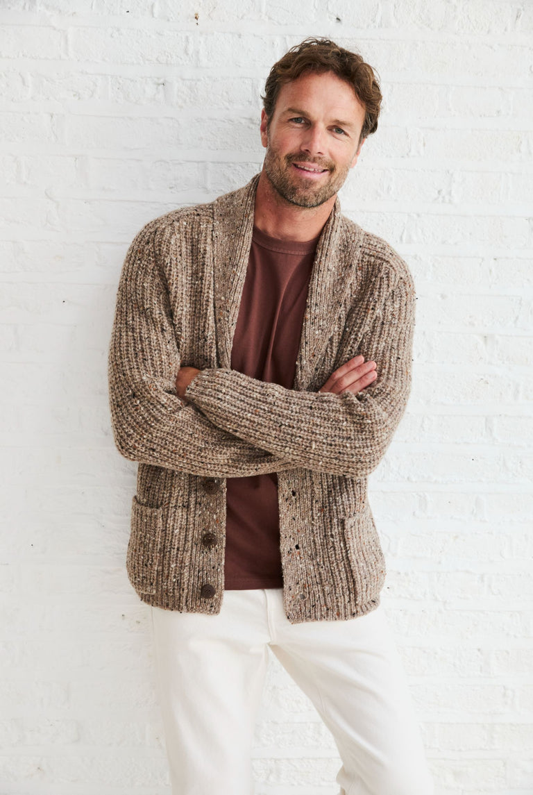 Curragh Mens Rib Shawl Cardigan - Oat