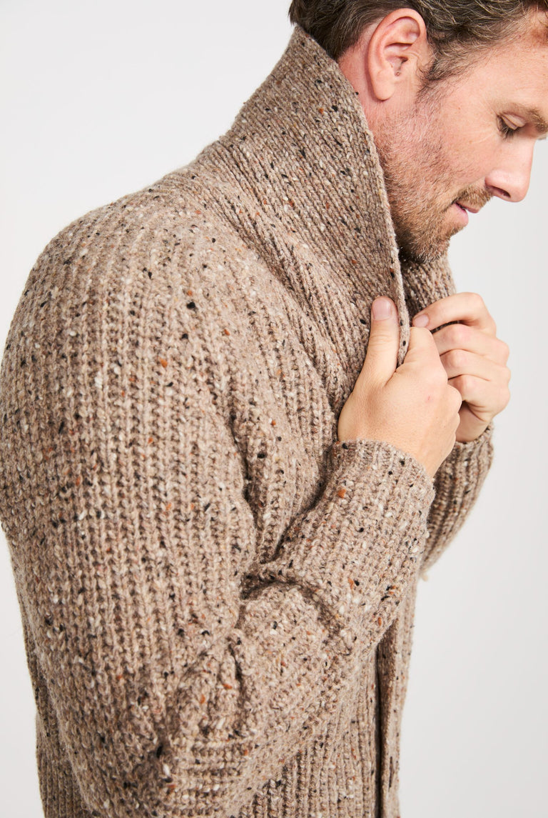 Curragh Mens Rib Shawl Cardigan - Oat