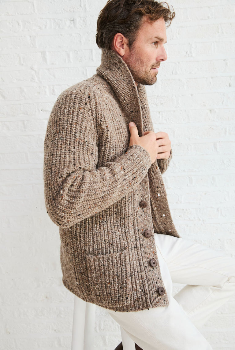 Curragh Mens Rib Shawl Cardigan - Oat