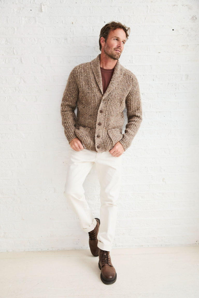 Curragh Mens Rib Shawl Cardigan - Oat