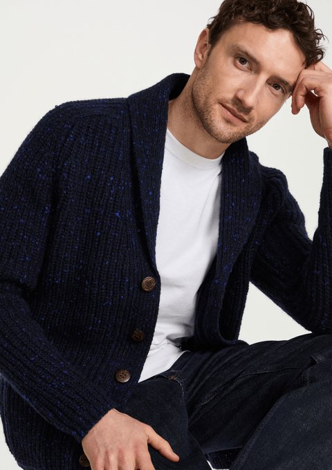 Curragh Mens Rib Shawl Cardigan - Navy