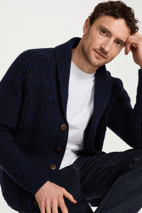 Curragh Mens Rib Shawl Cardigan - Navy