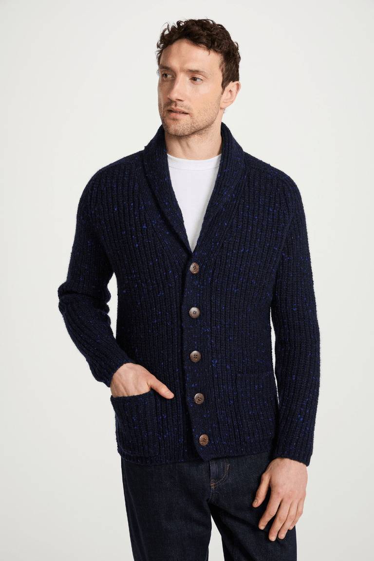 Curragh Mens Rib Shawl Cardigan - Navy