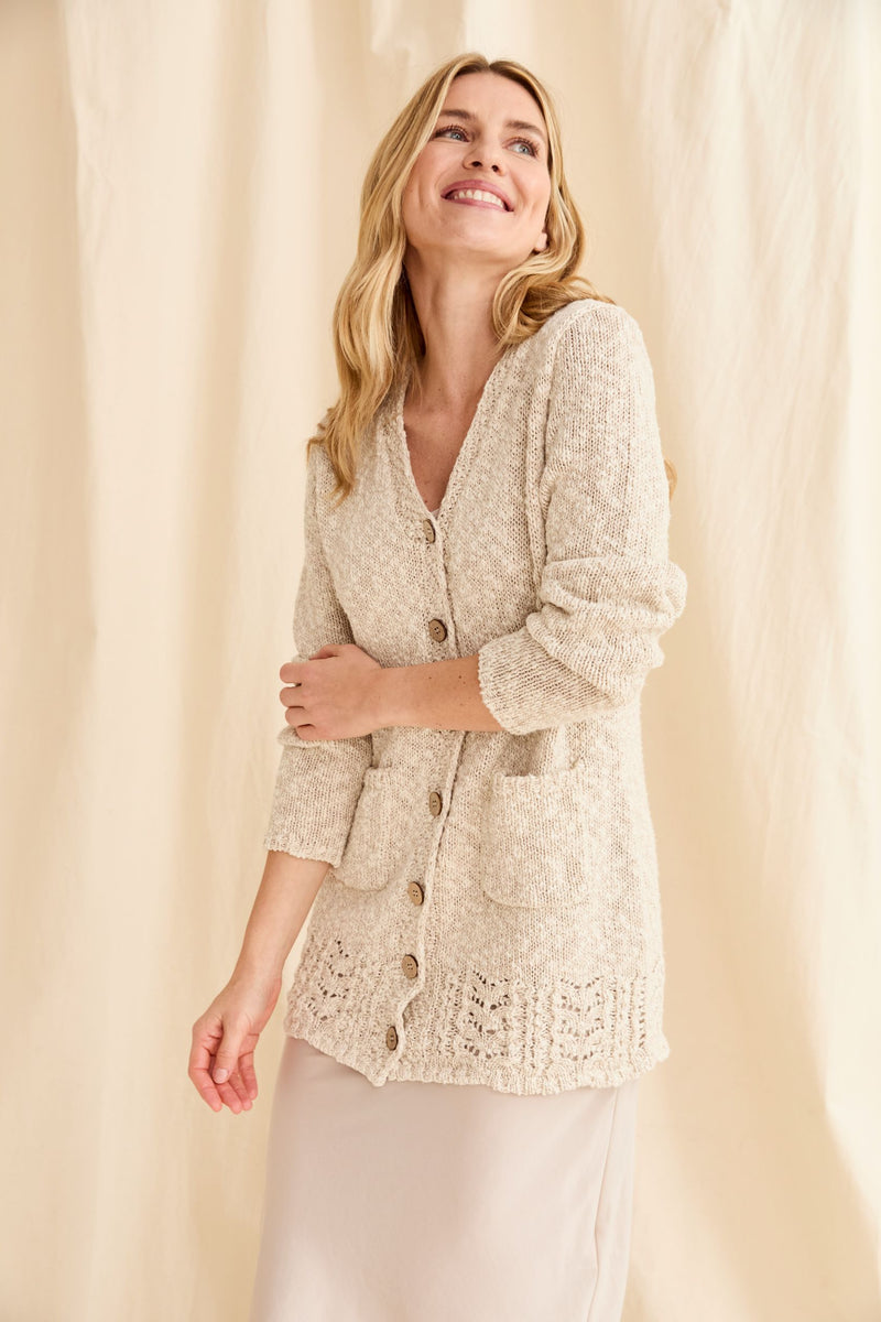  women's cardigan, cotton linen, Ireland,knitware,aran, cream cardigan, buttoned