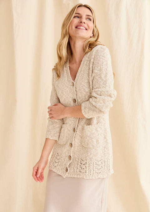  women's cardigan, cotton linen, Ireland,knitware,aran, cream cardigan, buttoned