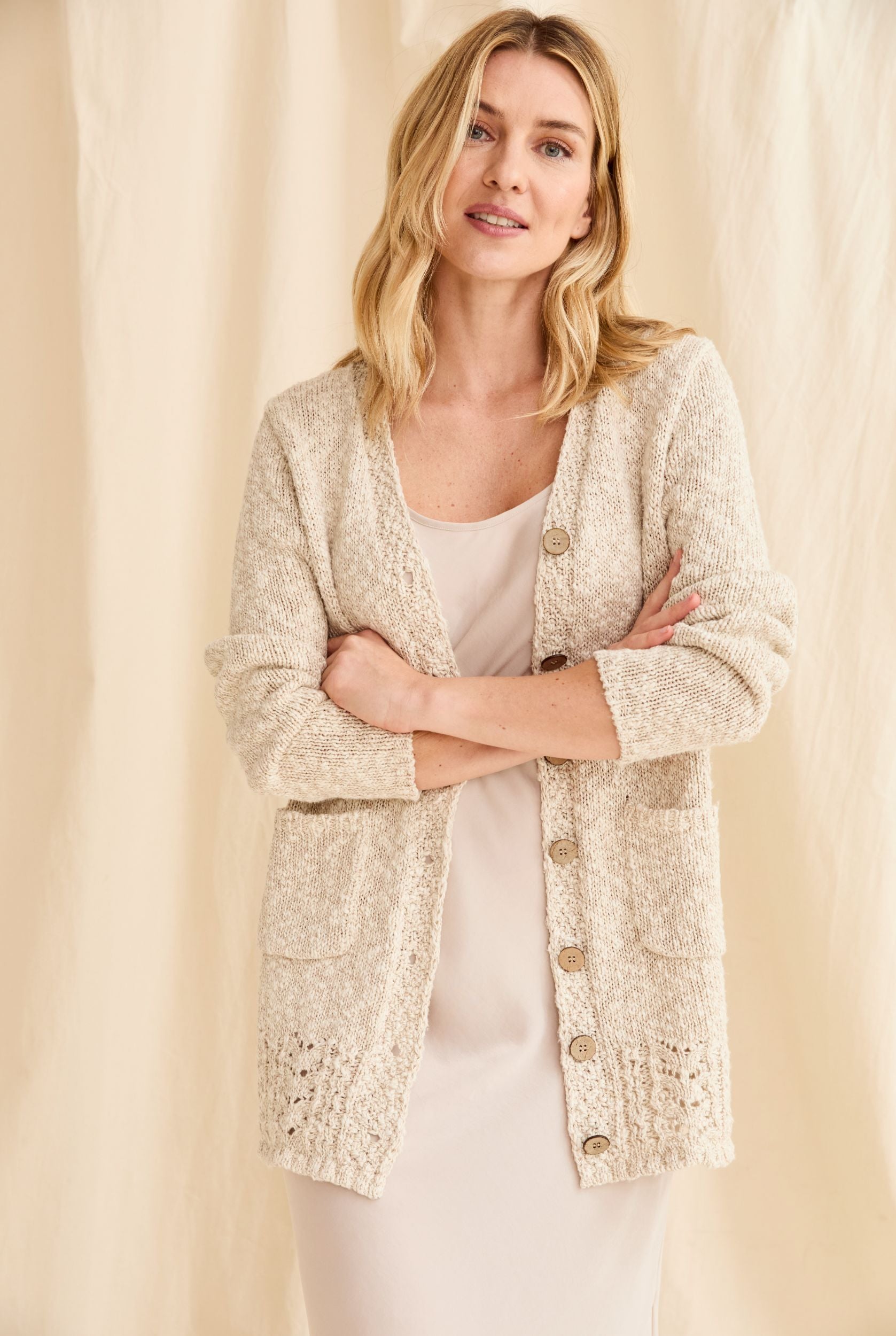 Eriu Cotton-Linen Long Line Cardigan Cream - Main Image