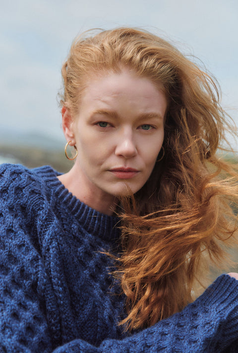 Kilronan Aran Ladies Honeycomb Sweater - Navy