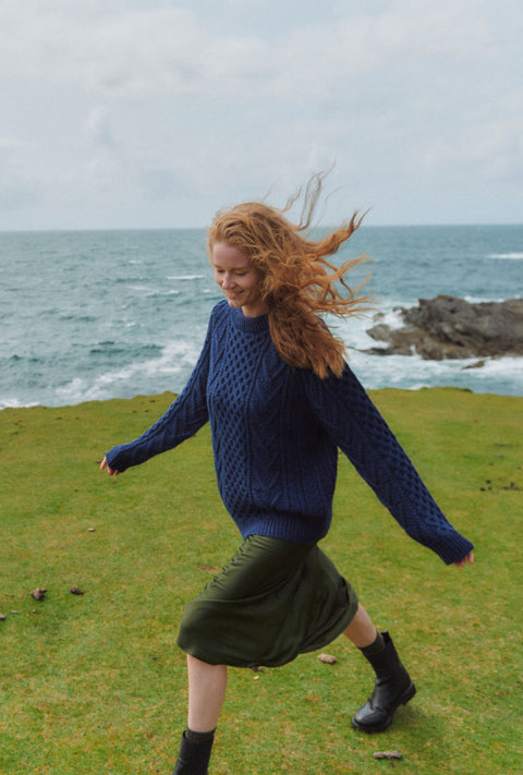 Kilronan Aran Ladies Honeycomb Sweater - Navy