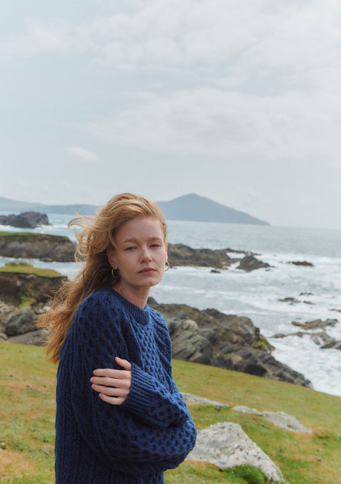 Kilronan Aran Ladies Honeycomb Sweater - Navy