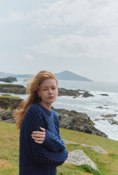 Kilronan Aran Ladies Honeycomb Sweater - Navy