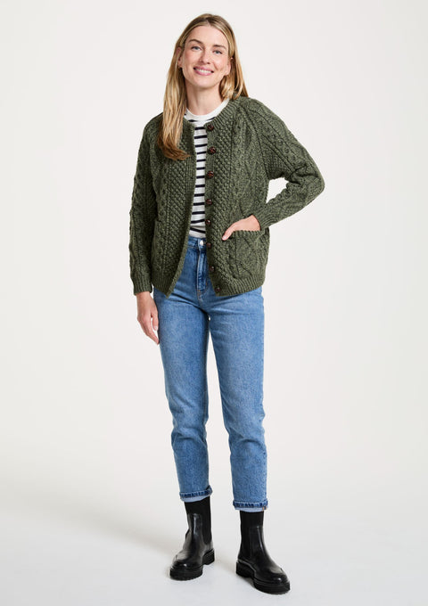 Merino wool sweater, Ireland, Aran knit, jumper, cardigan, women's cardigan, knitwear, cable knit, buttoned cardigan, wool cardigan, green