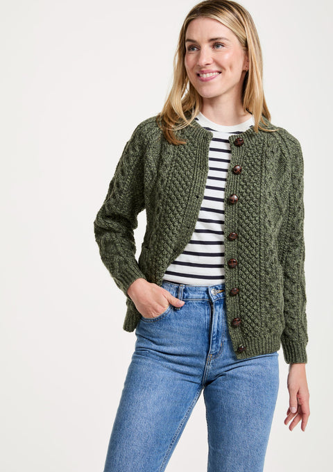 Merino wool sweater, Ireland, Aran knit, jumper, cardigan, women's cardigan, knitwear, cable knit, buttoned cardigan, wool cardigan ,green