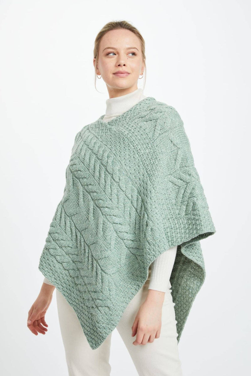 Made in Ireland, green poncho, knitwear, aran poncho, wool poncho, wrap, merino wool poncho