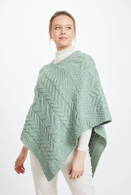 Made in Ireland, green poncho, knitwear, aran poncho, wool poncho, wrap, merino wool poncho