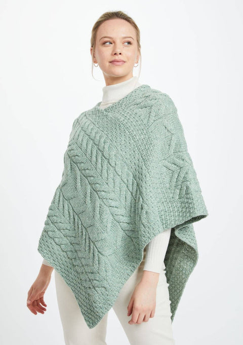Made in Ireland, green poncho, knitwear, aran poncho, wool poncho, wrap, merino wool poncho