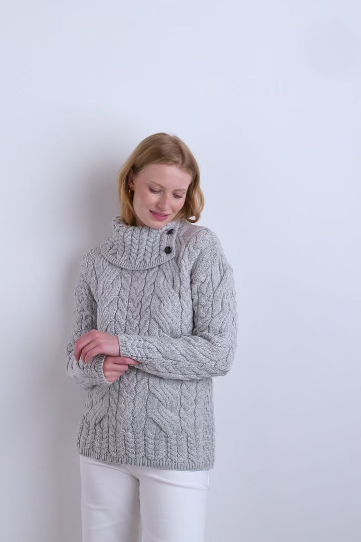 Maeve Aran Supersoft Merino Sweater with Button Collar - Feathered Grey