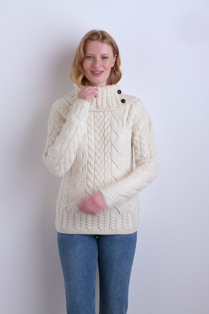 Maeve Aran Supersoft Merino Sweater with Button Collar - Cream
